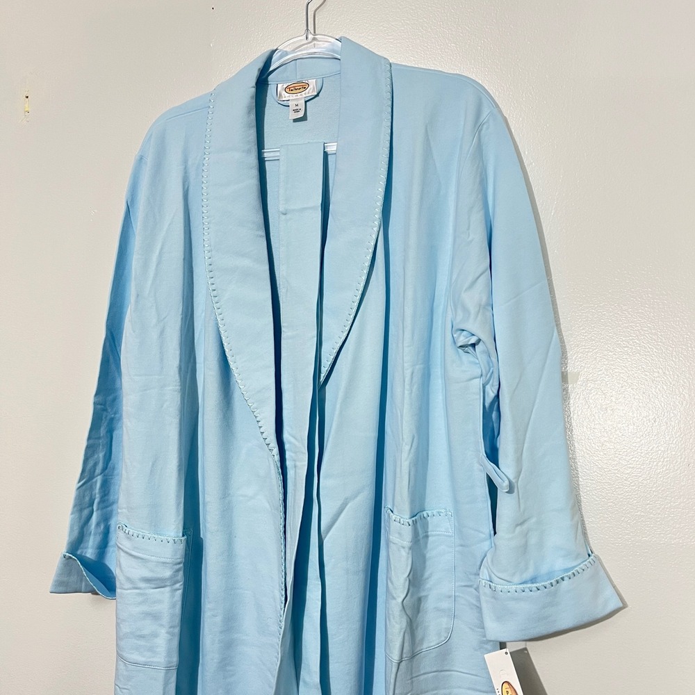 Talbots Robe Women Medium Light Blue Cotton French Terry Blanket Stitch Long NWT - Picture 2 of 7